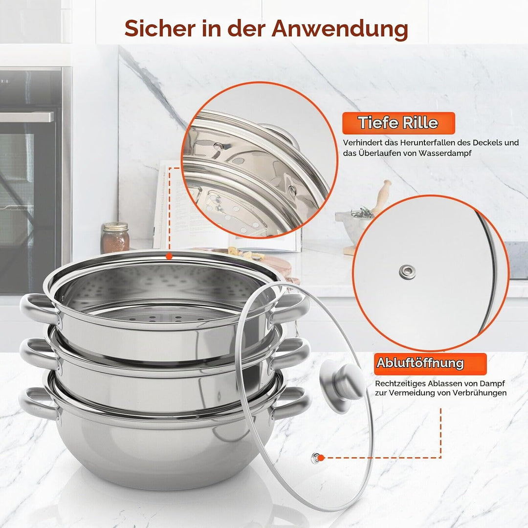 Edelstahl Dampfgarer Dampfkocher Dampfkochtopf Kochtopf Set + Glasdeckel Mit Dampf GemüSe Und Kartof