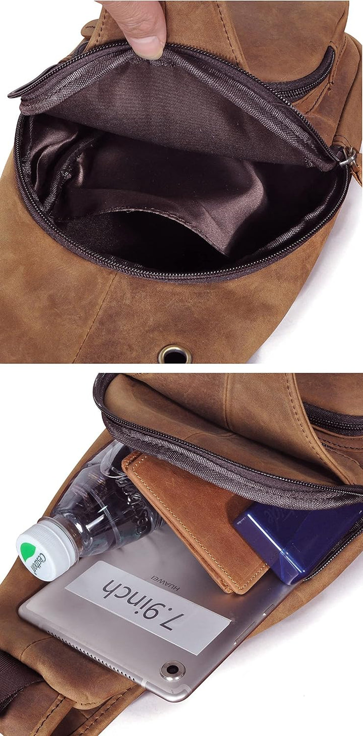 Le'aokuu Herren Echtes Leder Brusttasche Umhängetasche Sport Outdoor Messenger Bag Wanderrucksäcke（8