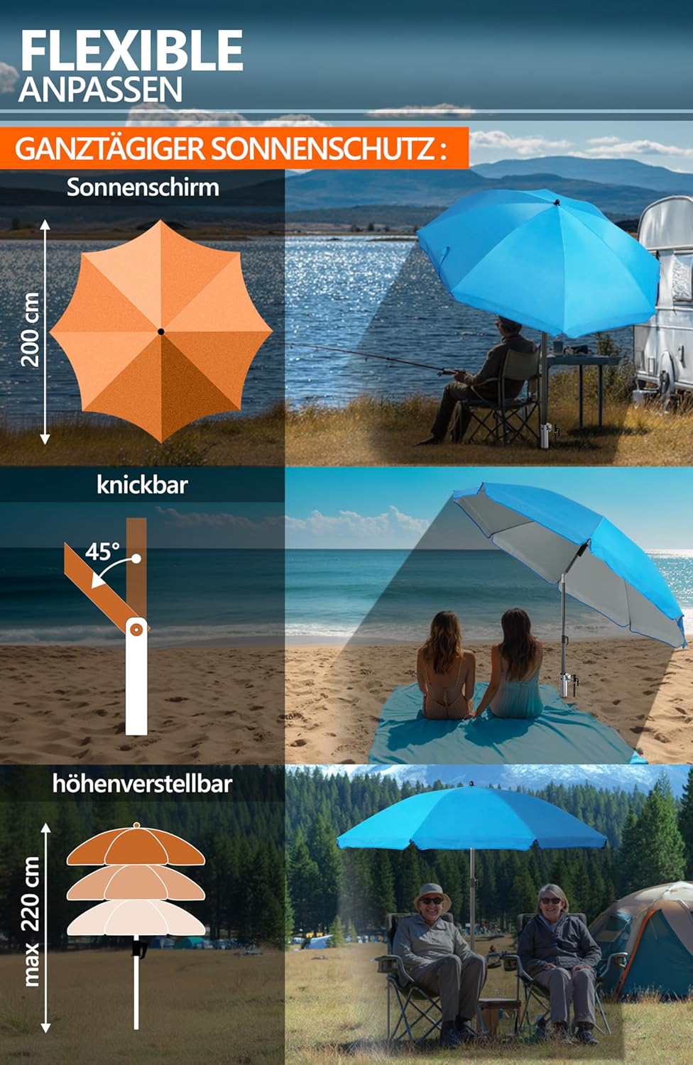 4smile Sonnenschirm Strand Ø 200 cm SET mit Eindrehbodenhülse, Blau | Strandschirm Windfest Stabil m