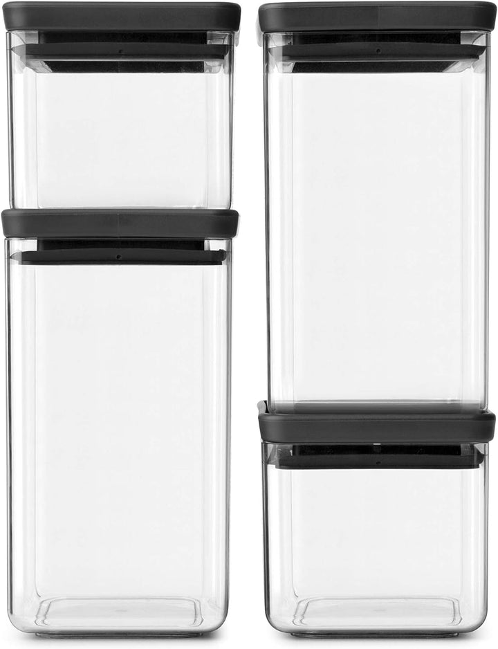 Brabantia 4er-Set Vorratsdose Eckig, Tasty+, Dunk Grau 4er-Set Dark Grey, 4er-Set Dark Grey