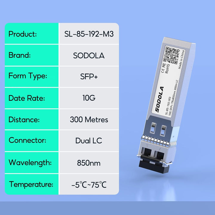 10GBase-SR SFP+ Transceiver, 850nm MMF, bis zu 300 Meter, Kompatibel mit Cisco SFP-10G-SR, Meraki MA