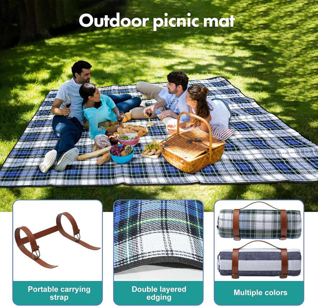 TRIXES XL-Tartan-Picknickdecke – mit hellbraunem Tragegriff – wasserdichte Rückseite – 150 cm x 200