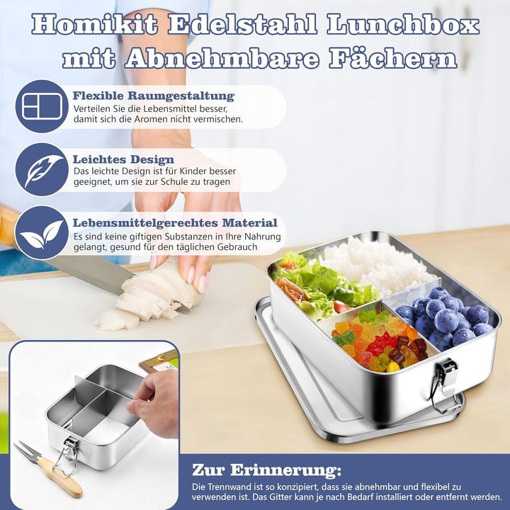 Homikit Brotdose mit Fächern, 1400ml Edelstahl Bento Box Lunchbox | für Kinder &amp; Erwachsene, Auslauf