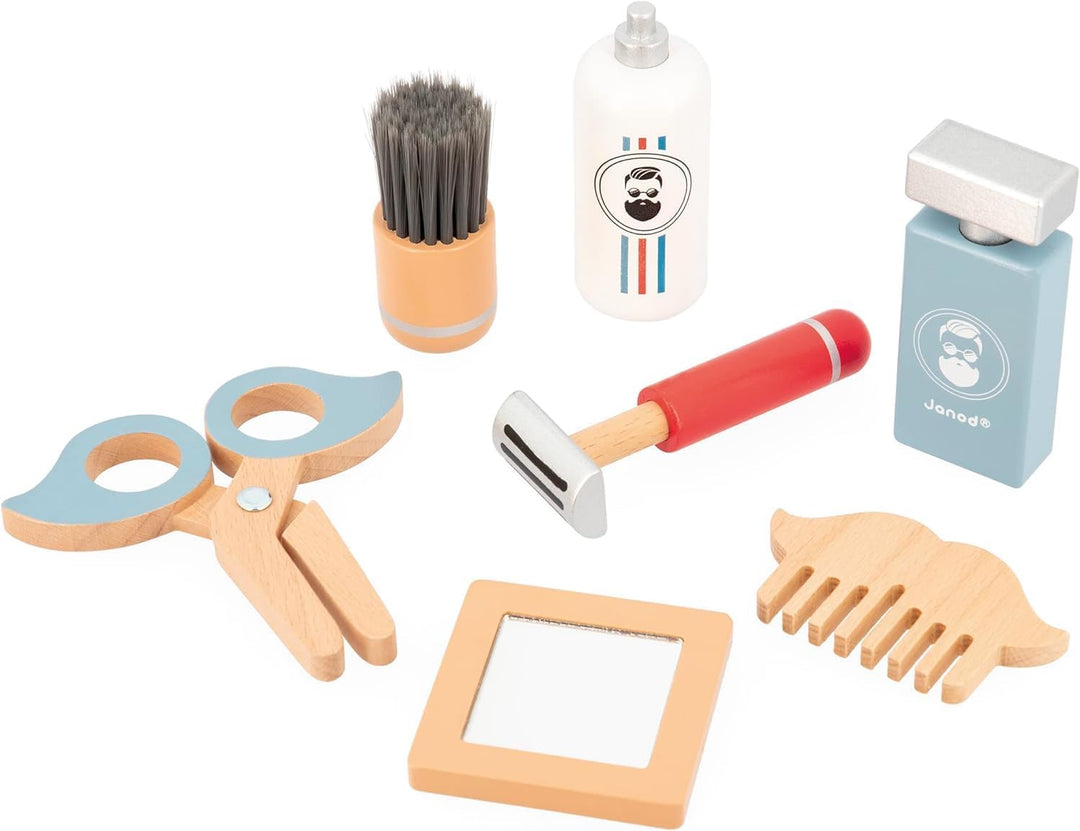 JANOD - Barbierkoffer für Kinder - 7 Holz-Accessoires + Etui - Rollenspielzeug - Entwickelt die Fant