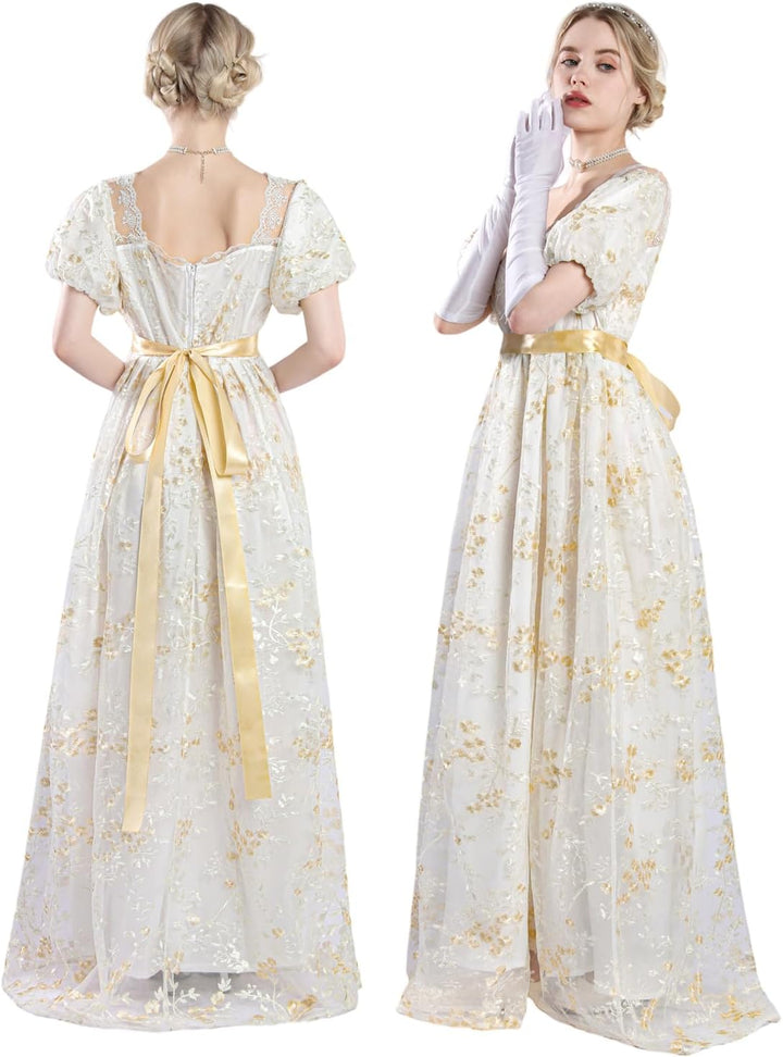 CR ROLECOS Viktorianisches Kleid Damen Regency Kleid für Frauen Bridgerton Puffy Ballkleid mit Hands
