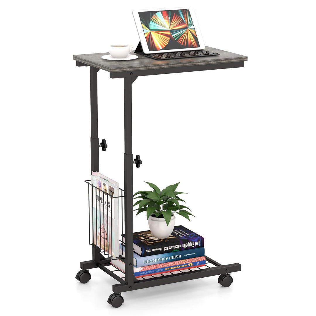 COSTWAY Beistelltisch mit Rollen, Laptoptisch höhenverstellbar, mit Aufbewahrungskorb, Sofatisch C-F