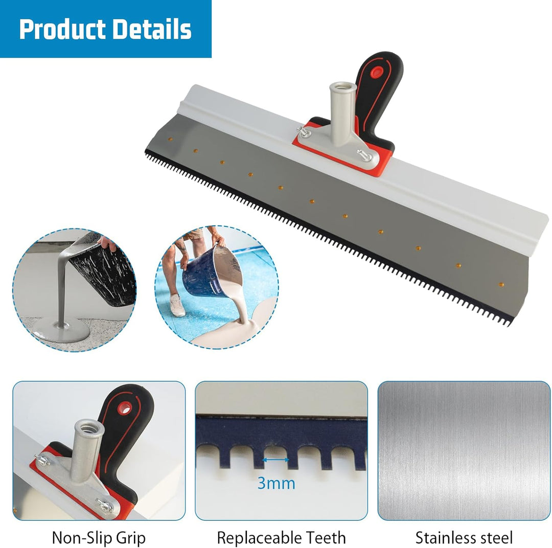 Flächenspachtel mit Stielhalter, Zahnspachtel tehrakel Gezahnt 56cm, Grossflächenrakel Trockenbau Sp