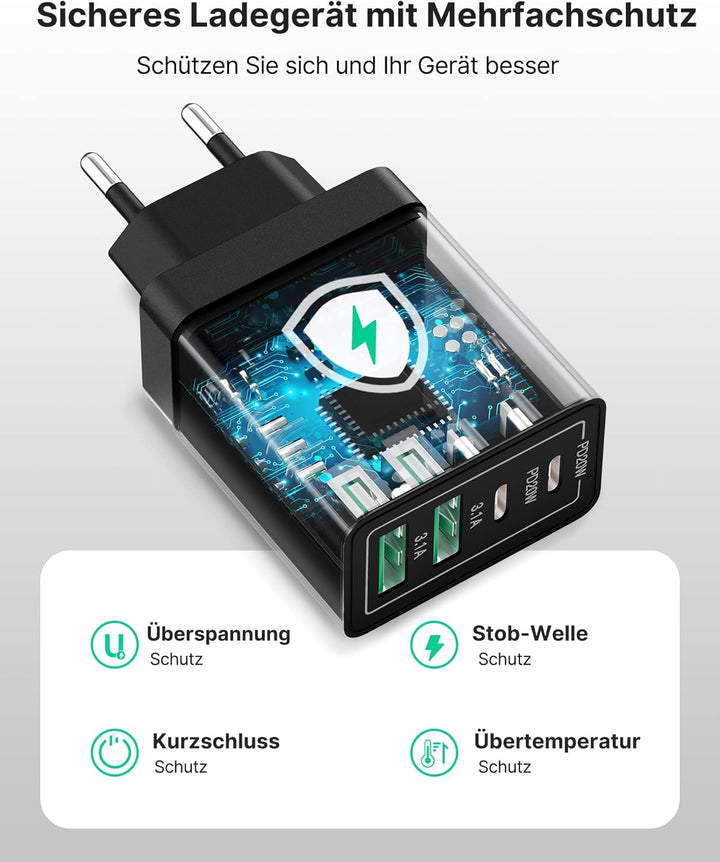 2-Pack USB C Ladegerät, 4-Port Adapter Mehrfach mit USB-C und USB-A, 40W Schnellladegerät PD 3.0 Cha