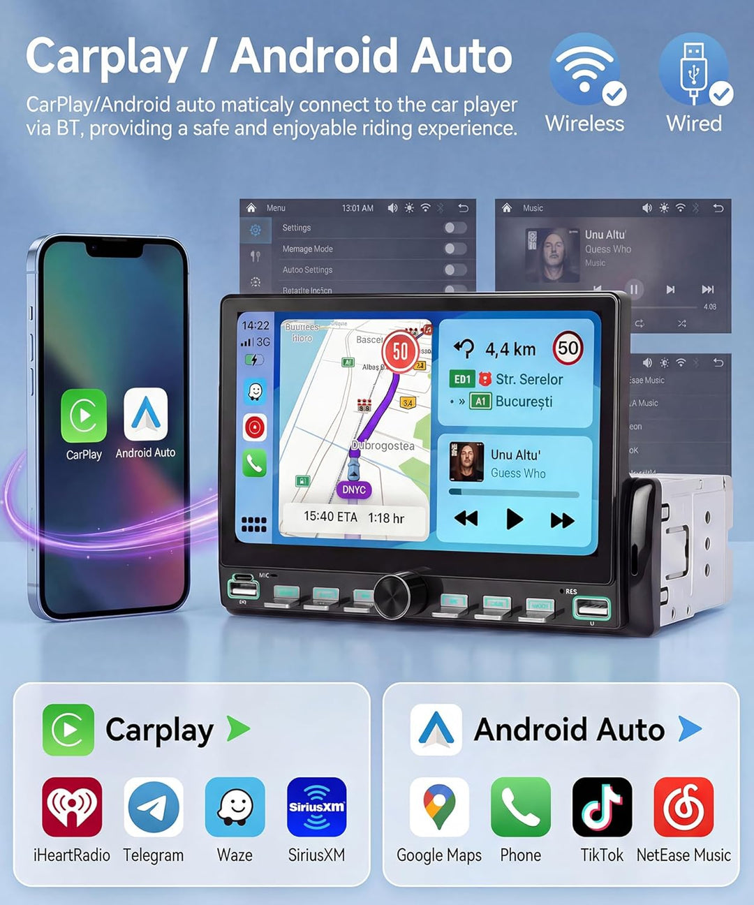 Rimoody 4G+64G Android 15 Autoradio 1 Din mit Wireless Carplay Android Auto GPS Navi WiFi, 7 Zoll Kl