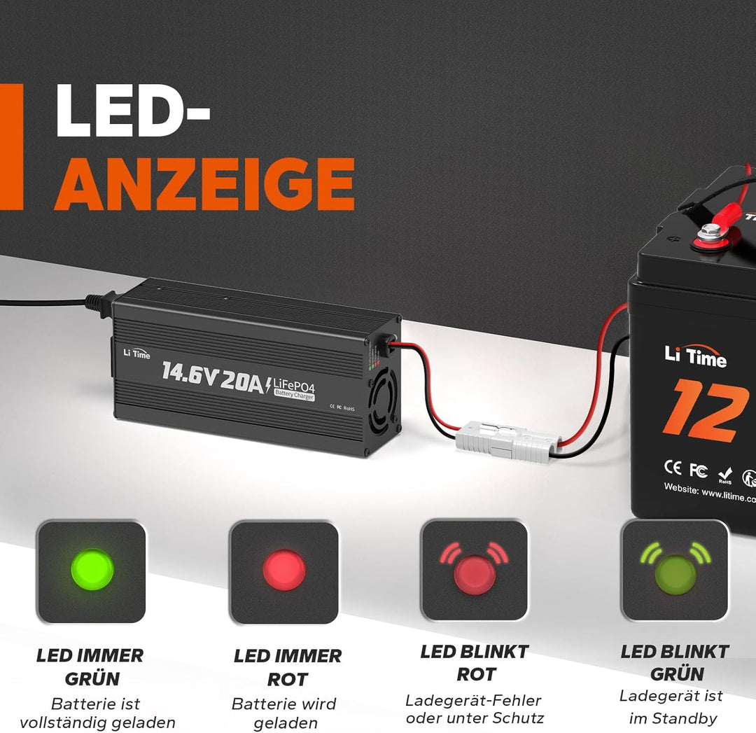 LiTime 14.6V 20A Lithium Batterieladegerät 12V LiFePO4 Batterieladegerät AC-DC Smart Charger mit And