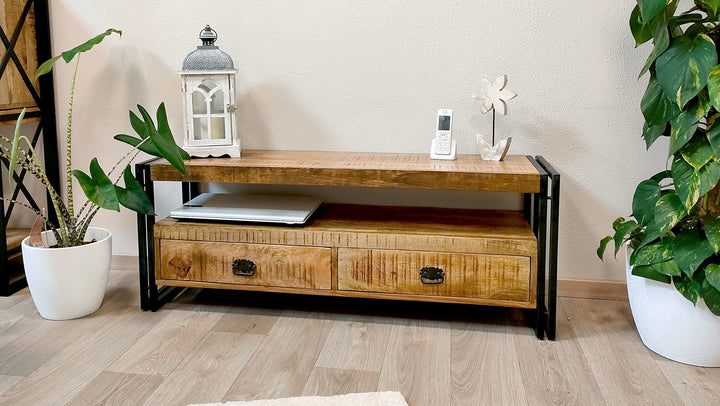 DARO DEKO Holz Lowboard eckig braun 125 x 45cm mit schwarzem Metall Gestell Fernsehtisch TV-Schrank