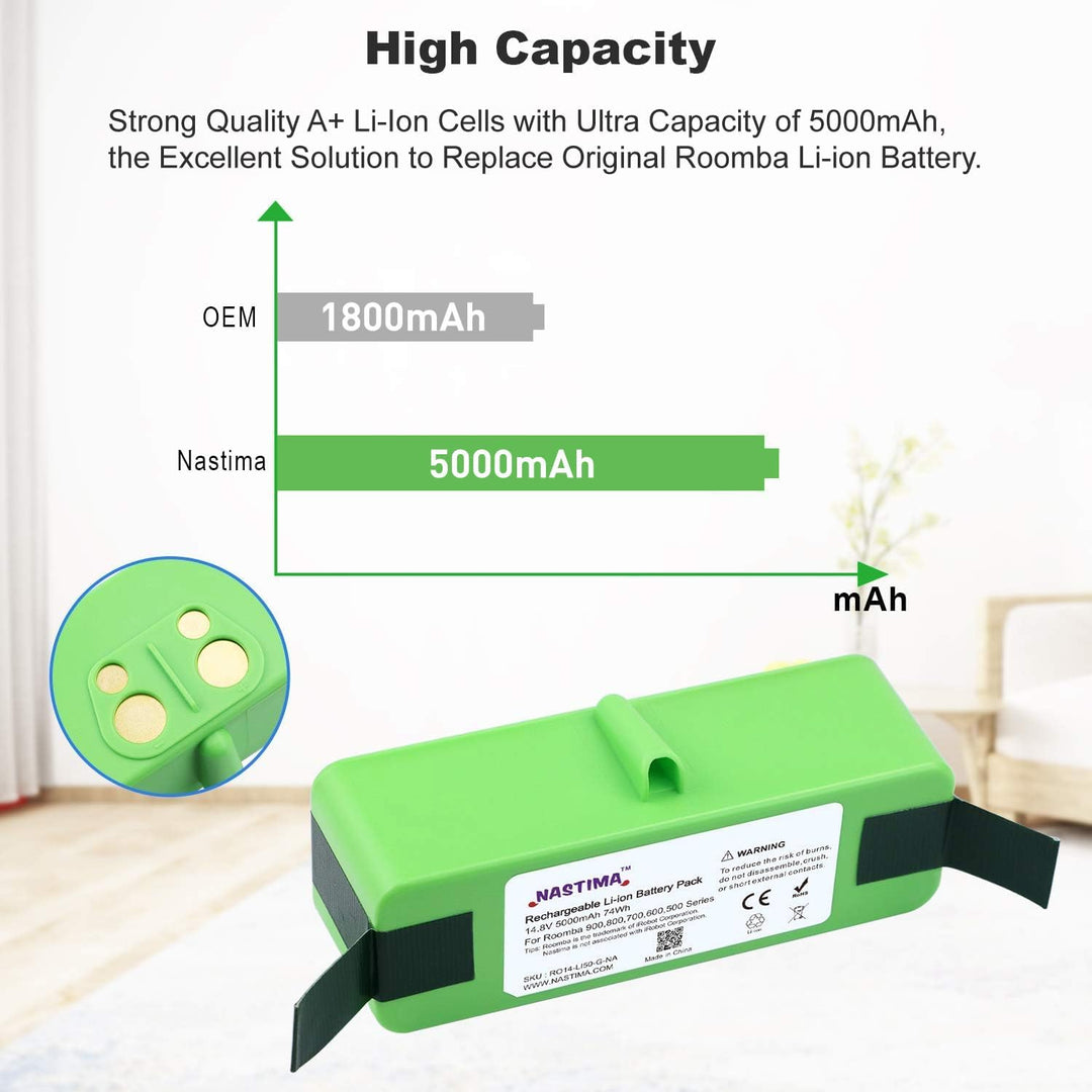 NASTIMA Upgrade 14,8V 5000mAh Li-Ion Akku Kompatibel mit Roomba 985 960 895 890 880 870 860 790 780