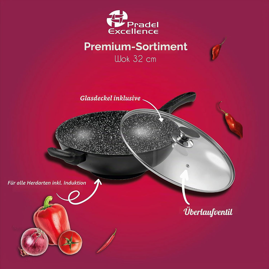 Pradel Excellence 52885M Wok in Stein-Optik mit Glasdeckel, 32 cm