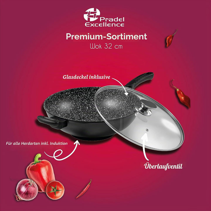 Pradel Excellence 52885M Wok in Stein-Optik mit Glasdeckel, 32 cm