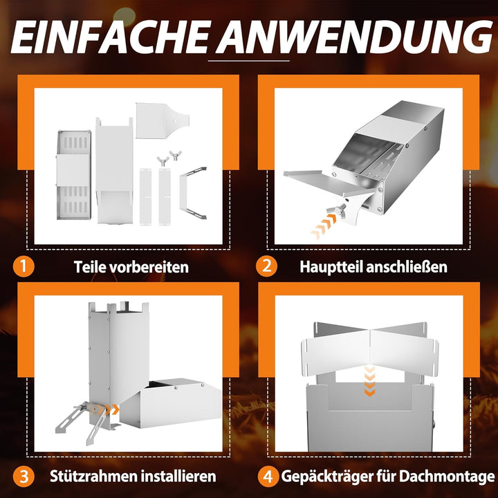Raketenofen Edelstahl Camping Holzofen & Feuerschale mit Tasche, vielseitiger Tragbar Campingofen, K