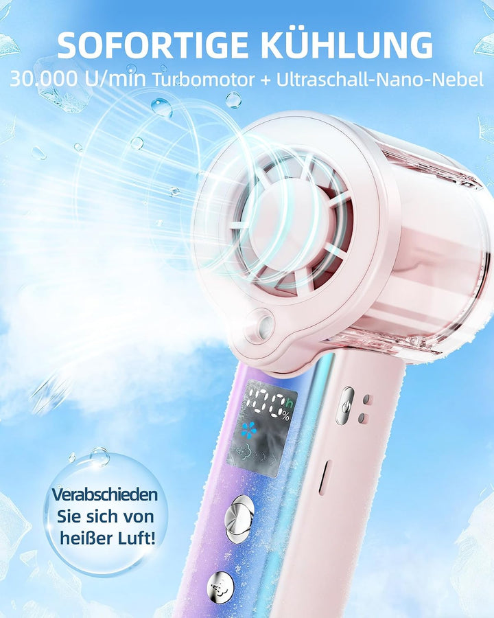 Carehabi Handventilator mit Wasserkühlung, 30000 U/min Mini Ventilator Akku 3000mAh, 1-100 Stufen Tr