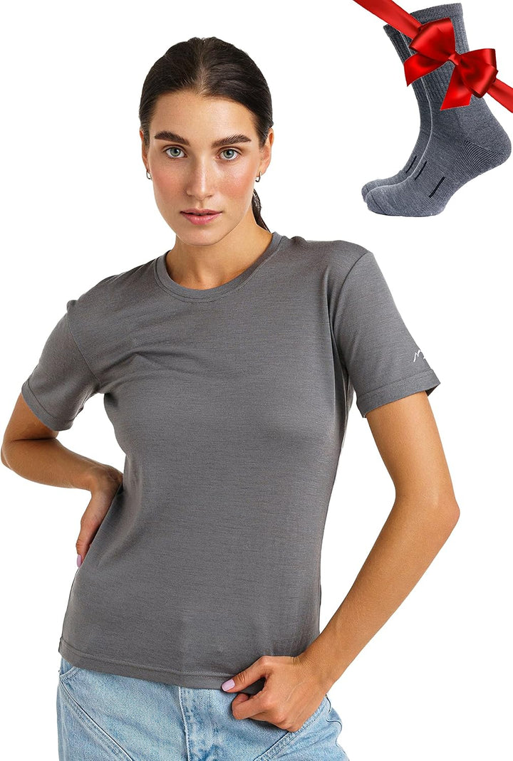 Merino.tech 100% Merino T Shirt Damen - Merinowolle Sport Wandern Thermoshirt Damen + Wandersocken P