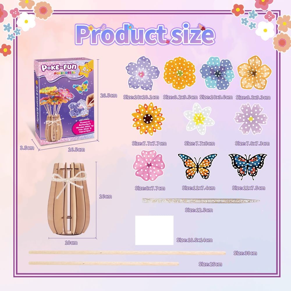 FORESTDREAM Blumen Poke Art Bastelset, DIY Blumenstrauss Basteln mit 8 Blumen und 2 Schmetterlingen,