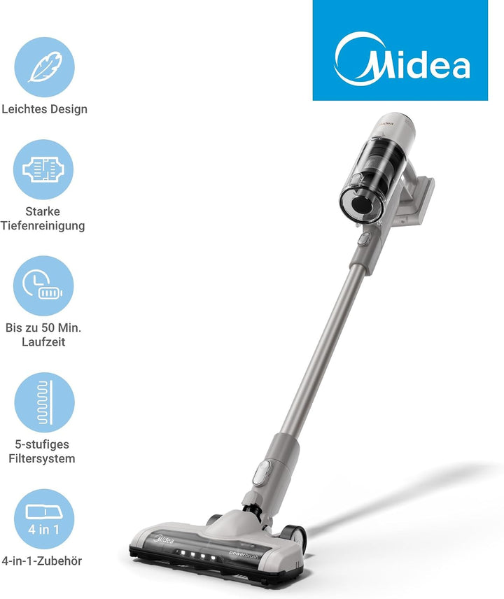 Midea P9 Lite Akku Staubsauger, kabelloser Stielstaubsauger 350 W, bis zu 26 kPa, bis zu 50 Min. Lau
