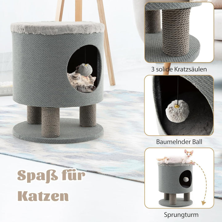 SOARS Kratztonne klein, Kratzbaum & Hocker, Katzenhöhle mit 3 Sisalstämmen & Spielball, Katzenbaum b