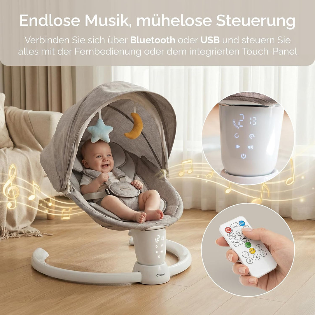 Drom Elektrische Babywippe für Kinder bis 9 kg, baby wippe mit Fernbedienung und Bluetooth, 5 Schauk