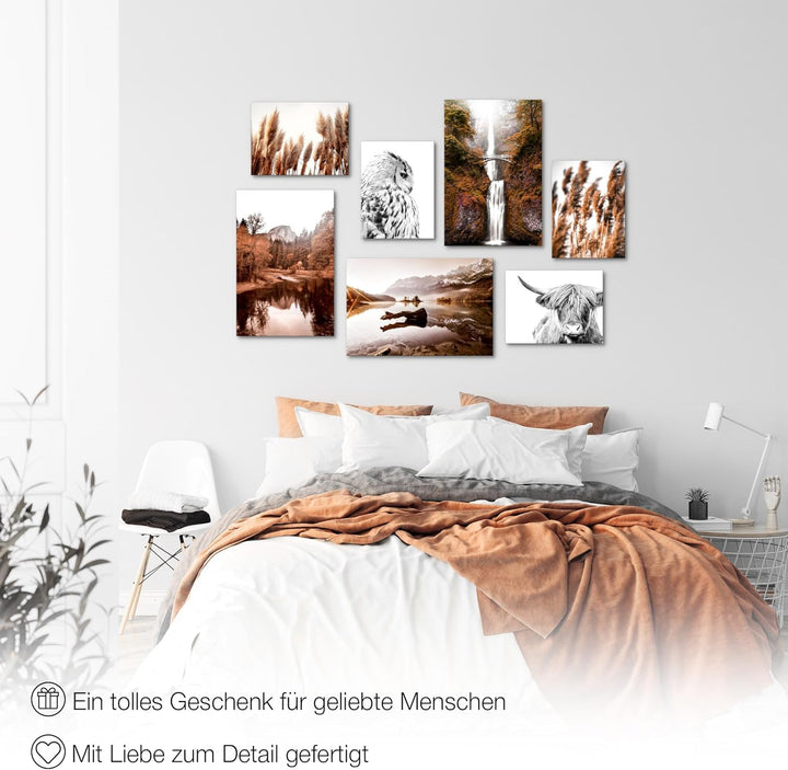 Novart Wandbilder Natur Berge See - KOMPLETT AUFHÄNGFERTIG - Orange Braun Wohnzimmer Schlafzimmer -