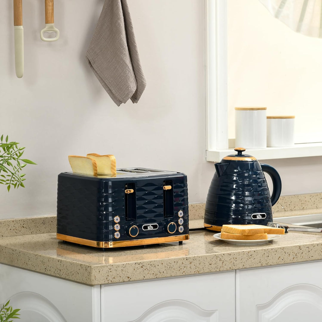 HOMCOM Wasserkocher Toaster Set Frühstück-Set mit 1,7L Wasserkocher, 4 Scheiben Toaster, 2200 W, 7 B
