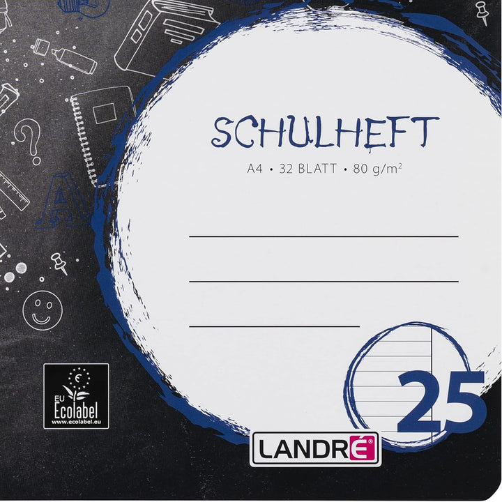 Landré Schulheft A4, 32 Blatt, Lineatur 25, liniert mit Rand, 10 Stück, Lineatur 25