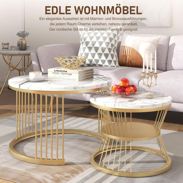 Merax Runder Couchtisch 2er Set, Moderne Beistelltisch mit Hochglanz Marmorstruktur für Wohnzimmer,
