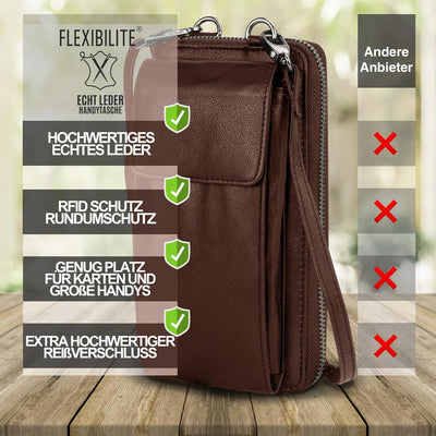 FLEXIBILITE® Handytasche zum Umhängen Braun aus echtem Leder I EXTRA leicht 220 g mit RFID I Handy P