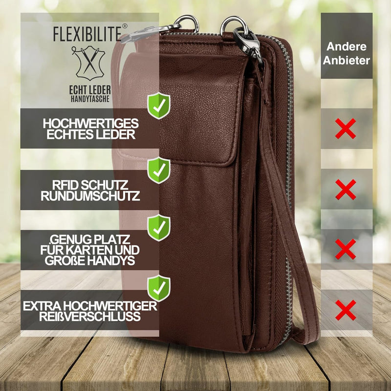 FLEXIBILITE® Handytasche zum Umhängen Braun aus echtem Leder I EXTRA leicht 220 g mit RFID I Handy P