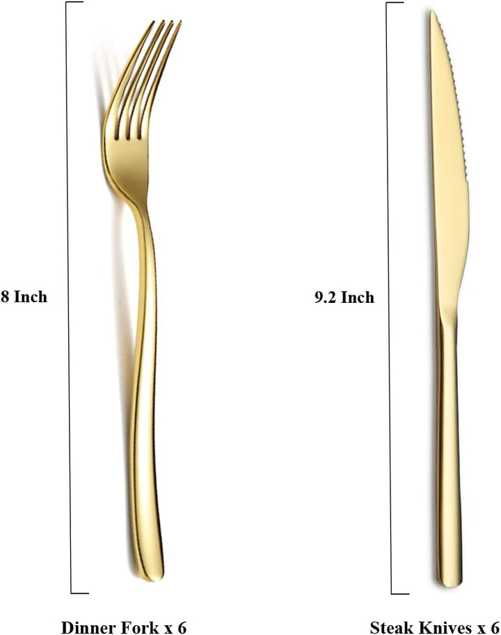 Gold Steak Besteckset 12-Teilig, Premium Edelstahl 6 Tafelgabeln und 6 Tafelmesser-Set, Steakmesser