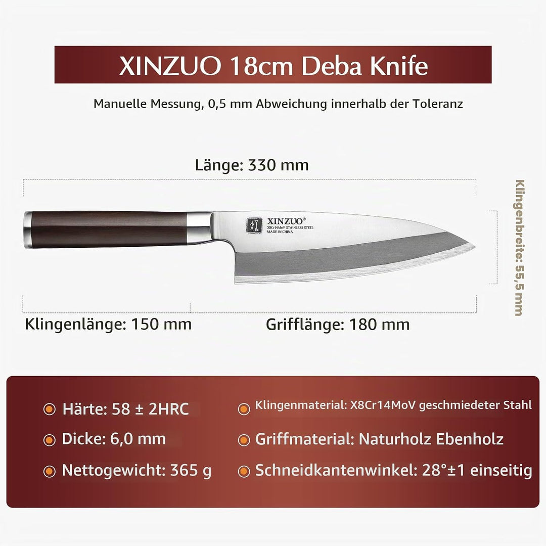 XINZUO 18cm Deba Messer, Edelstahl X8Cr14MoV Sashimi Sushi Messer Einzelfase Klinge- Kochmesser Prof