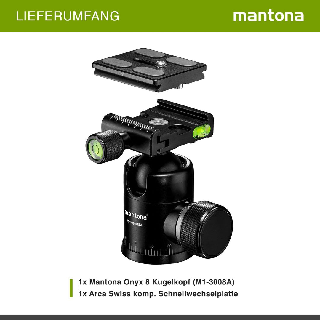 Mantona Onyx 8 Kugelkopf (M1-3008A) Arca-Swiss kompatible Schnellwechselplatte 50 mm, professionelle
