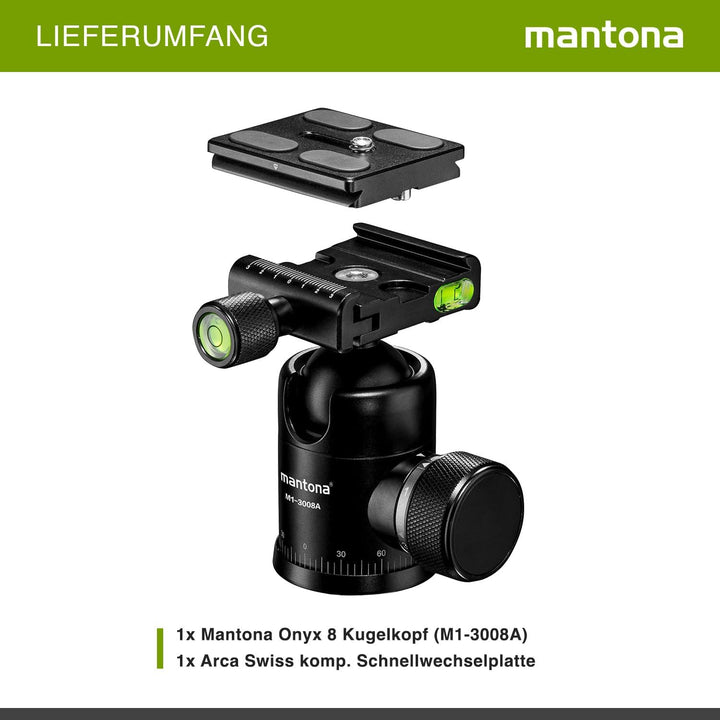 Mantona Onyx 8 Kugelkopf (M1-3008A) Arca-Swiss kompatible Schnellwechselplatte 50 mm, professionelle