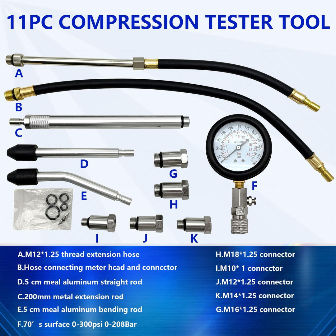 ZKTOOL 11 Stück Auto Kompressionstester-Satz für Benzinmotor 0-300 PSI / 0-20 Bar, Kfz Benzin Motor