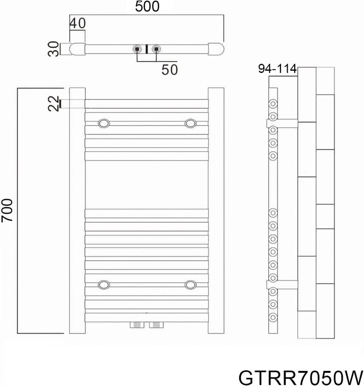 Badheizkörper 500x700 mm Handtuchheizkörper Mittelanschluss Handtuchwärmer Heizkörper für bad 456 Wa