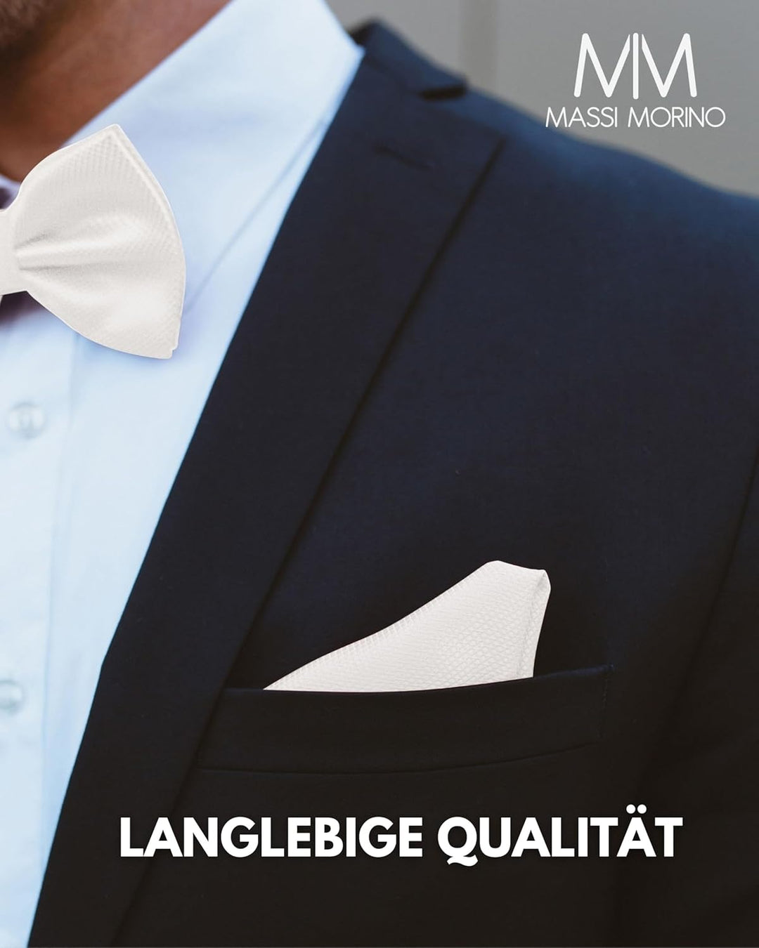 Massi Morino Fliege mit Einstecktuch für Herren Set - Anzug Herrenfliege zur Hochzeit - Verstellbare