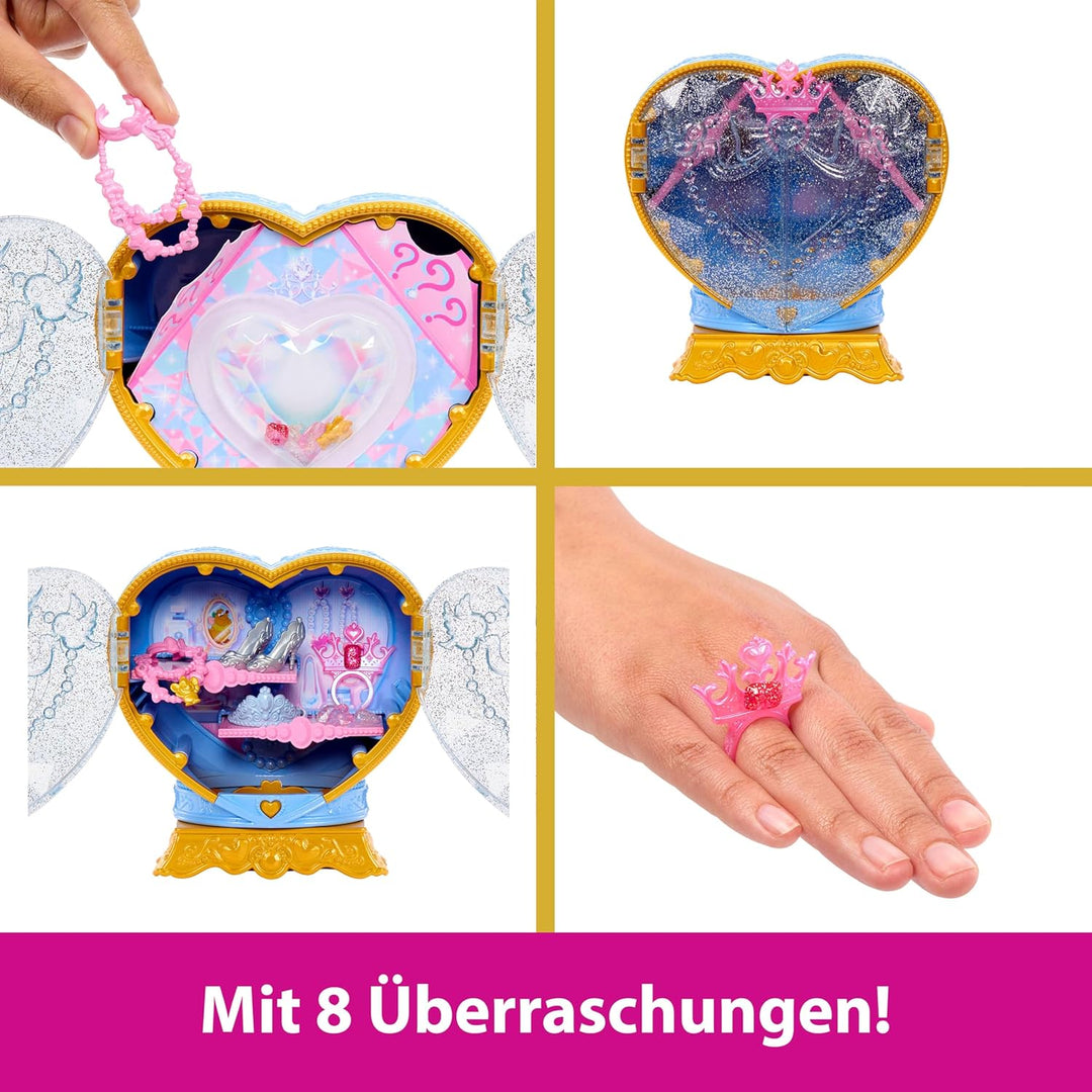 Mattel Disney Princess Cinderella Modepuppe und Zubehörteile mit 8 Überraschungen, darunter herzförm