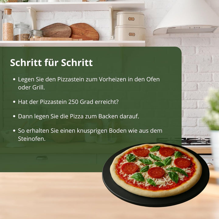 HeRo24 Pizzastein 33 cm aus Cordierit – schwarz glasiert – hitzebeständiger Backstein für Pizza, Fla