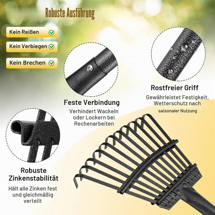 Garten Laubrechen, 180cm Stabile Kleine Strauchrechen 11 Metallzinken 21cm Breit, Verstellbarer Stah