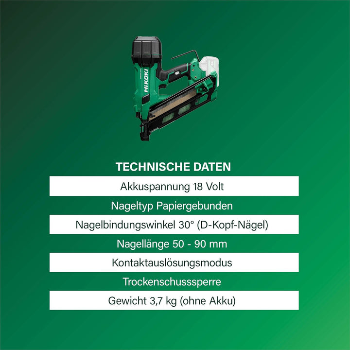 HiKOKI Akku-Streifennagler 34° - 18 V, 50-90 mm Nägel - Leistungsstark, LED-Licht, Brushless Motor,