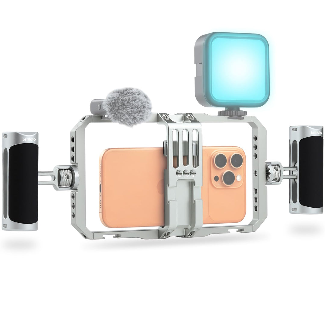 Leftfoto Universeller Aluminium-Stabilisator-Käfig, Smartphone-Video-Rig mit zwei Griffen für iPhone