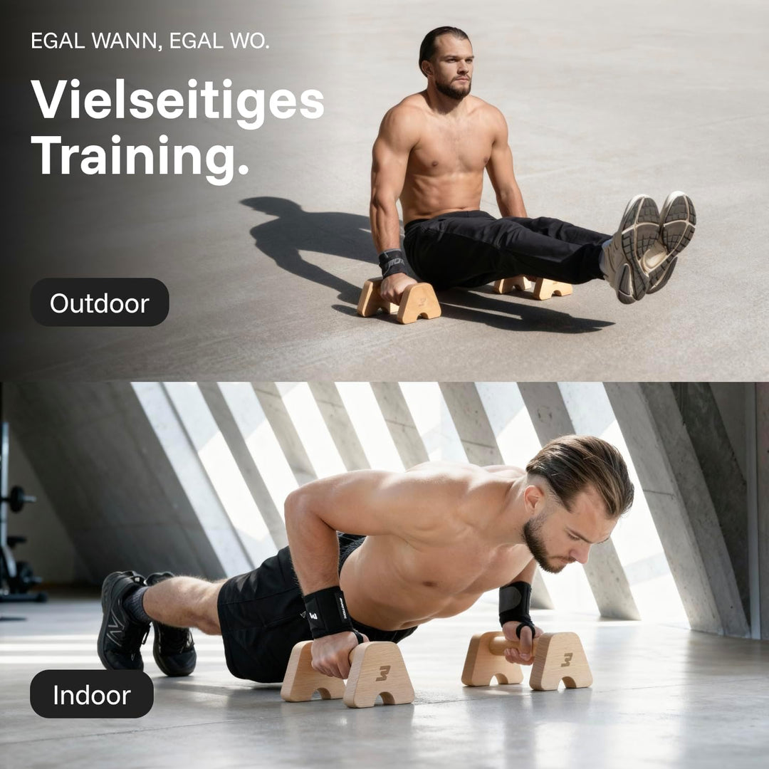 BMOTION Premium Holz Liegestützgriffe, nachhaltige und rutschfeste Calisthenics Parallettes, Liegest