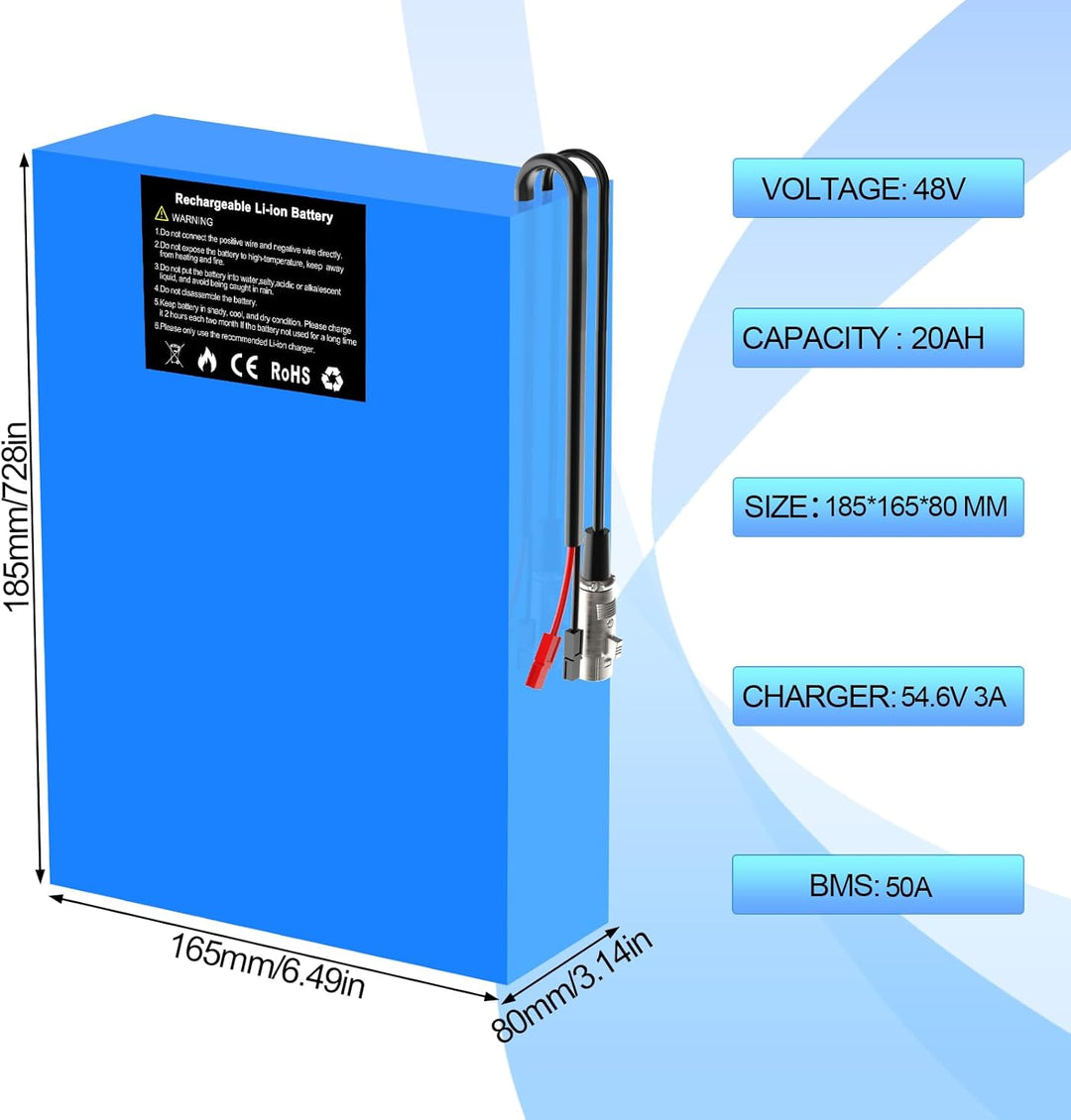 Yasco 48V Ebike Akku Rechteckig Ebike Batterie- Lithium ion Elektrische Fahrrad Batterie für 1800W/