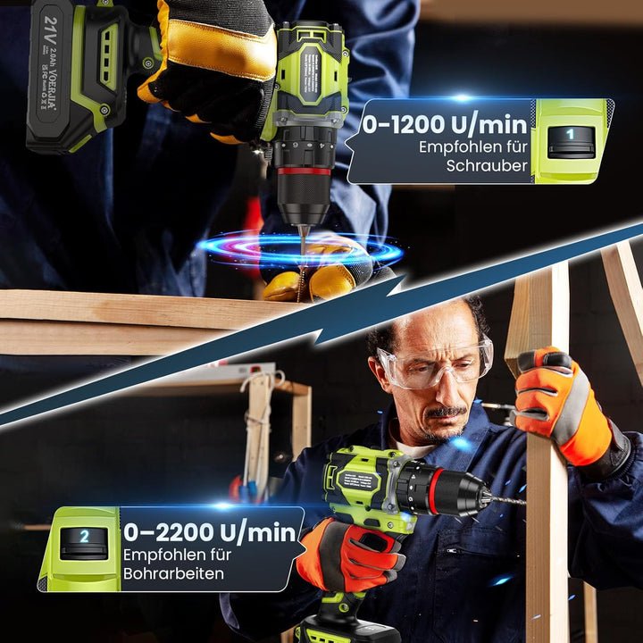 21V Akku bohrhammer, Bürstenlose Akkuschrauber Set mit 2 * 2000 mAh Akku, 3/8" Bohrfutter, 21+3 Dreh