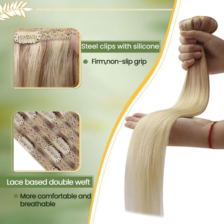 RUNATURE Blond Clip in Extensions Echthaar 45cm 7Pcs Balayage Clip Extensions Echthaar Ombre Blond H