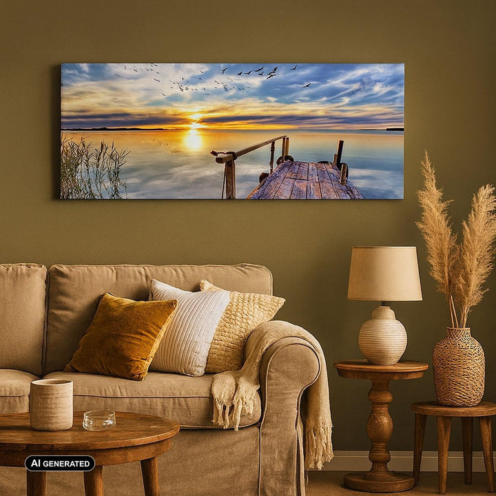 Wandbilder Dekoration Wohnzimmer See Brücke Panorama Bilder auf Leinwand 120x50cm Leinwandbild mit R