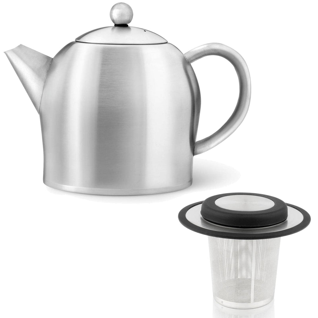Teekanne Set 0.5 Liter - Edelstahl matt doppelwandig - Kleiner Teebereiter mit Tee-Filter-Sieb-Aufsa