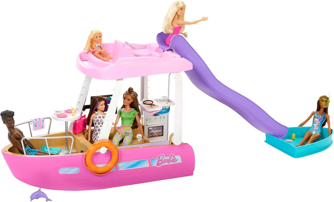 Barbie Traumboot Spielset, Rutsche und Schwimmzeug, 20+ Barbie-Zubehörteile, ohne Barbie-Puppe, als